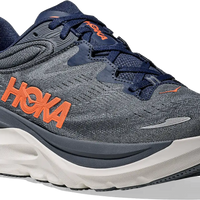Quarter turn view Men's HOKA Footwear style name Gaviota 6 XWide in color Midnight Blue/ Faded Navy. Sku: 1171936-MLFD