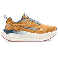 Orange running shoe with white sole on a white background