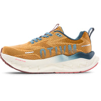 Orange running shoe with blue accents on a white background
