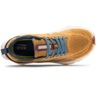 Orange running shoe with blue laces on a white background