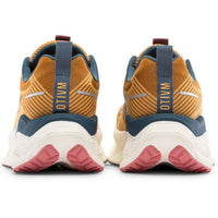 Pair of orange and blue sneakers with pink soles on a white background