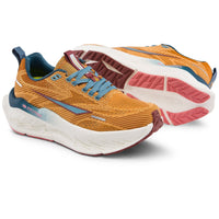 Pair of running shoes with orange, blue, and pink design on a white background