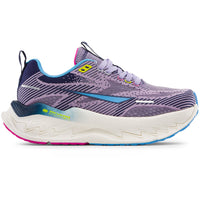Purple running shoe with blue and white accents on a white background