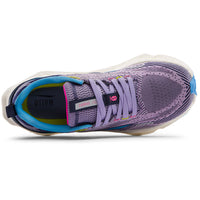 Purple running shoe with blue accents on a white background