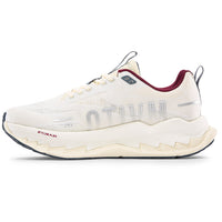 White athletic shoe with red accents on a white background