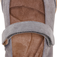 A single gray suede Mary Jane shoe shown from a top-down angle, featuring a hook-and-loop strap and a brown contoured footbed. The brand name 'oetex' is visible on the white heel insert.