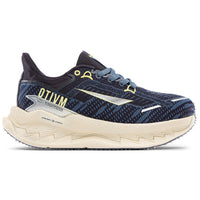 Navy running shoe with beige sole on a white background