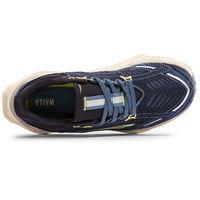 Navy running shoe with white sole on a white background