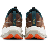 A pair of Mtnlo running shoes shown from the back, featuring a brown and tan mesh upper, teal pull tabs with gold lettering, a white midsole, and bright orange outsole lugs, set against a plain white background.