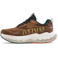A single running shoe shown in profile against a solid white background. The shoe features a brown textured knit upper with a prominent gold 'OTUM' logo on the side, a thick white midsole with a jagged, layered design, and small orange accents on the collar lining and outsole.