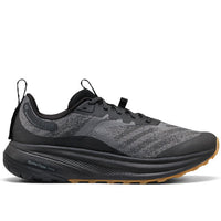 Black running shoe with brown sole on a white background