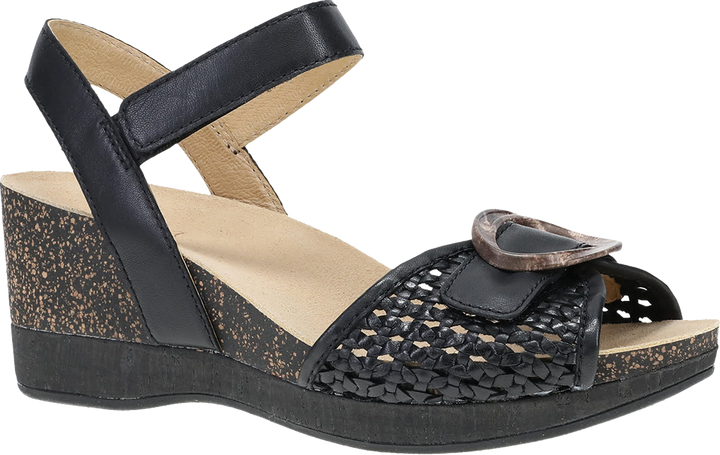 Quarter turn view Women's Dansko Footwear style name Stella in color Black Woven. Sku: 10003020200