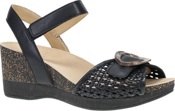 Quarter turn view Women's Dansko Footwear style name Stella in color Black Woven. Sku: 10003020200