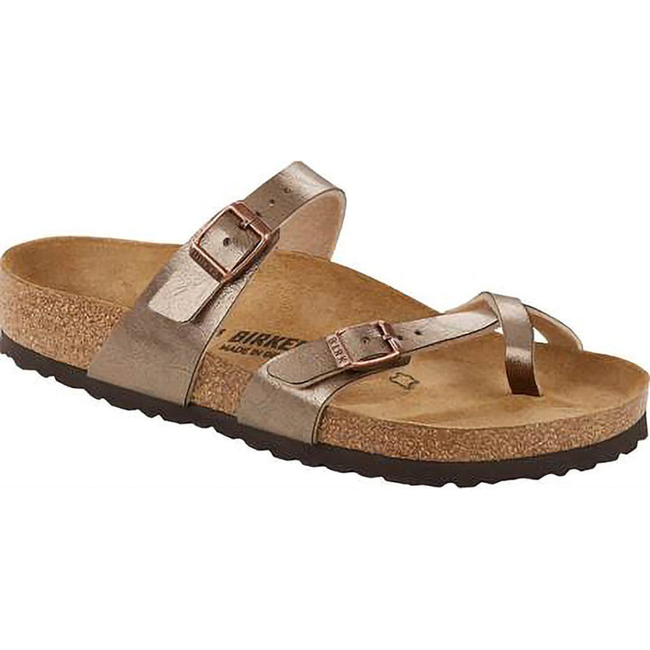 Quarter turn Women's Birkenstock Footwear style name Mayari Birko Flor Regular in color Graceful Taupe. Sku: 1016408
