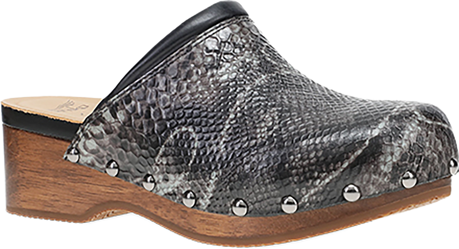 Quarter turn view Women's Dansko Footwear style name Andie in color GREY SNAKE. Sku: 10205941502