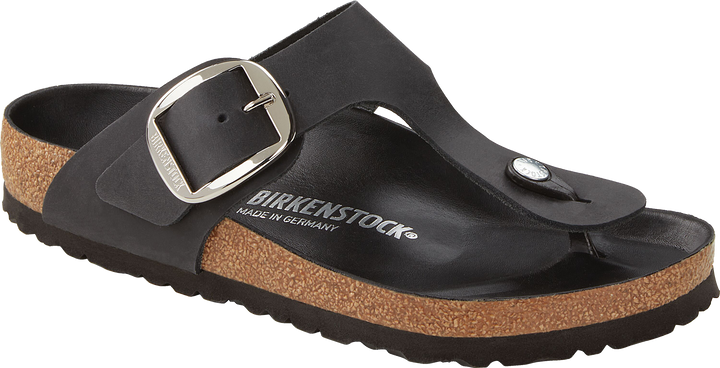 Quarter turn view Women's Birkenstock Footwear style name Gizeh Big Buckle Oiled Regular in color Black. Sku: 1023334