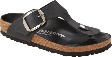 Quarter turn view Women's Birkenstock Footwear style name Gizeh Big Buckle Oiled Regular in color Black. Sku: 1023334
