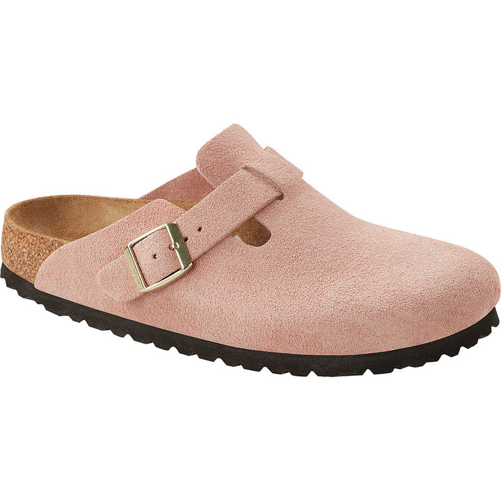 Quarter turn Women's Birkenstock Footwear style name Boston Suede Narrow in color Light Rose Suede. Sku: 1026171