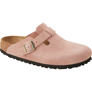 Quarter turn Women's Birkenstock Footwear style name Boston Suede Narrow in color Light Rose Suede. Sku: 1026171