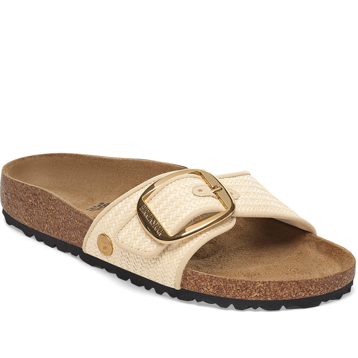 Quarter turn Women's Birkenstock Footwear style name Madrid Big Buckle Raffia Narrow in color Raffia Natural. Sku: 1029035