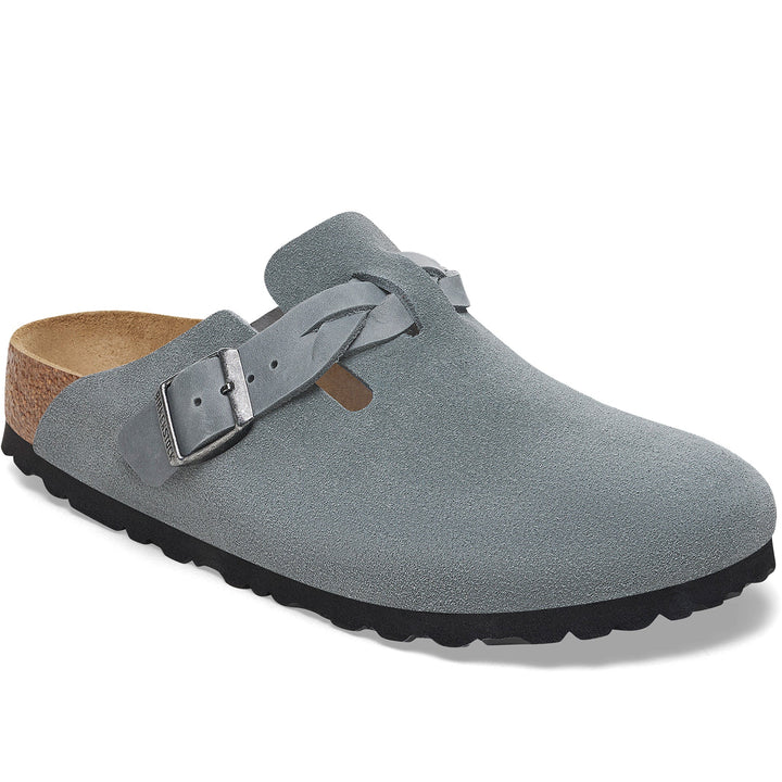 Quarter turn Women's Birkenstock Footwear style name Boston Braid Narrow in color Basalt Gray. Sku: 1029086