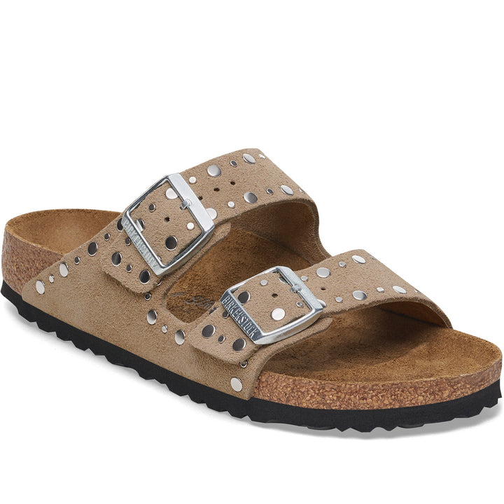 Quarter turn Women's Birkenstock Footwear style name Arizona Rivets Narrow in color Taupe. Sku: 1029390