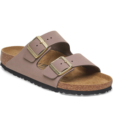 Quarter turn Women's Birkenstock Footwear style name Arizona Nubuck Narrow in color Faded Purple Nubuck. Sku: 1029428
