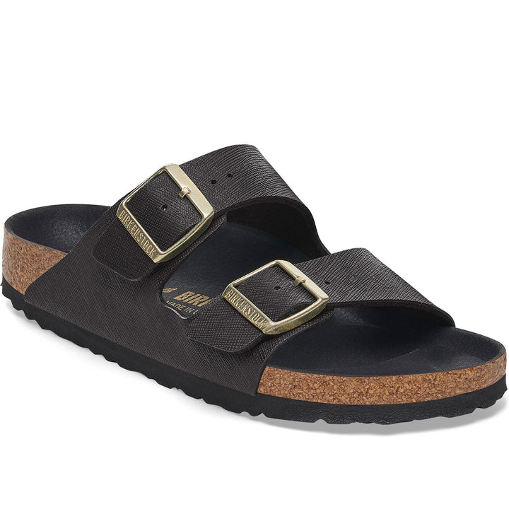 Quarter turn Women's Birkenstock Footwear style name Arizona Birko Flor Narrow in color Saff Black. Sku: 1029493
