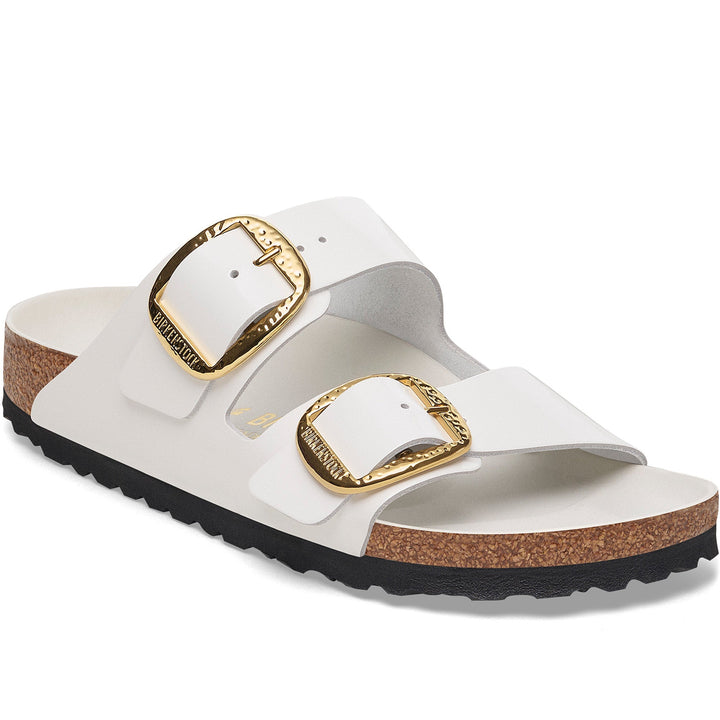 Quarter turn Women's Birkenstock Footwear style name Arizona Big Buckle Hammered Narrow in color High Shine Antique White. Sku: 1029520