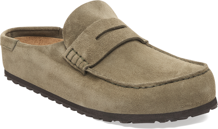 Quarter turn view Women's Birkenstock Footwear style name Naples 2.0 Suede Narrow in color TAUPE SDE. Sku: 1029710