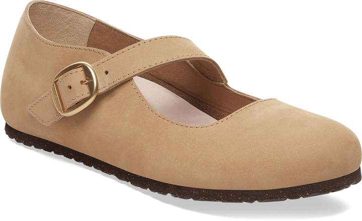 Quarter turn view Women's Birkenstock Footwear style name Tracy Nubuck Narrow in color Sand Nubuck. Sku: 1029776