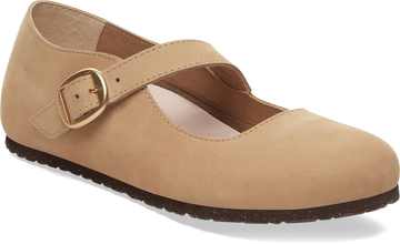 Quarter turn view Women's Birkenstock Footwear style name Tracy Nubuck Narrow in color Sand Nubuck. Sku: 1029776