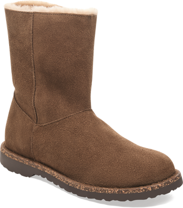 Quarter turn view Women's Birkenstock Footwear style name Uppsala Zip Shearling Regular in color DARK TEA. Sku: 1030054