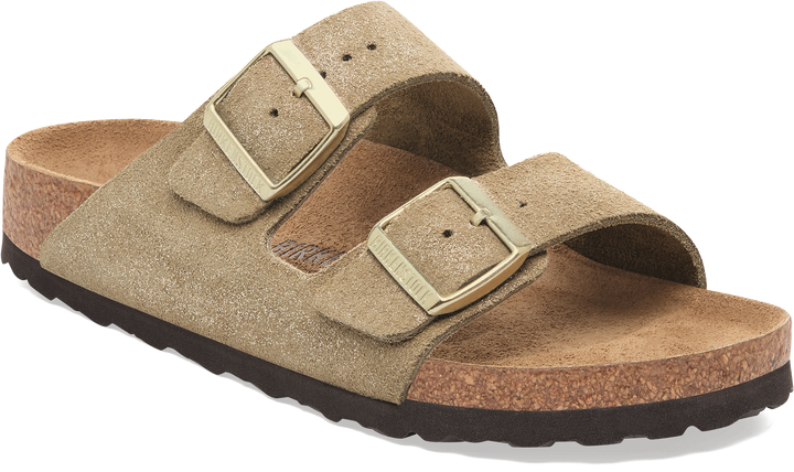 Quarter turn view Women's Birkenstock Footwear style name Arizona Suede Narrow in color SHIM TAUPE. Sku: 1030269