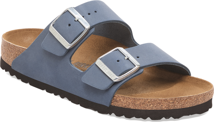 Quarter turn view Women's Birkenstock Footwear style name Arizona Nubuck Regular in color STONE BLUE. Sku: 1030317