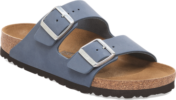 Quarter turn view Women's Birkenstock Footwear style name Arizona Nubuck Regular in color STONE BLUE. Sku: 1030317