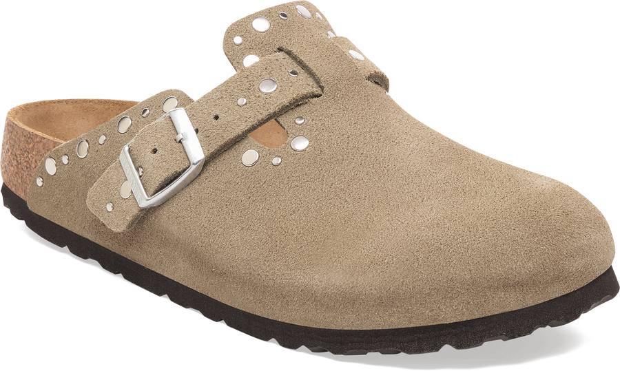 Quarter turn view Women's Birkenstock Footwear style name Boston Rivet Suede Narrow in color TAUPE SDE. Sku: 1030418