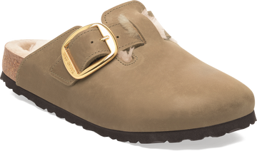 Quarter turn view Women's Birkenstock Footwear style name Boston Shearling Big Buckle Narrow in color TOBACCO. Sku: 1030444