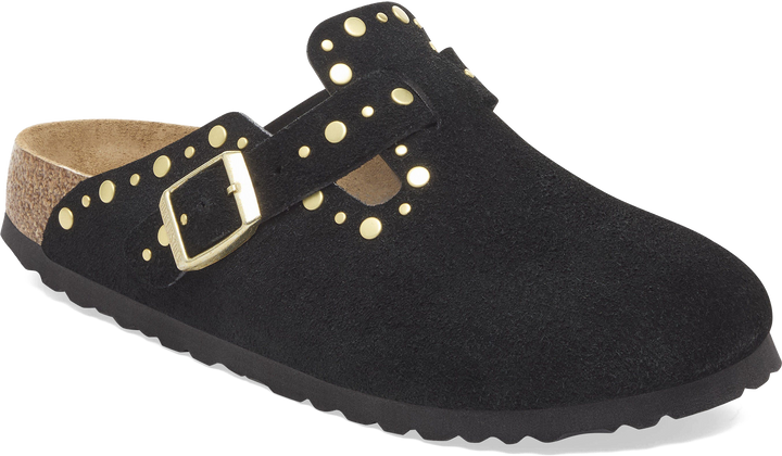Quarter turn view Women's Birkenstock Footwear style name Boston Rivet Suede Narrow in color Black. Sku: 1030491