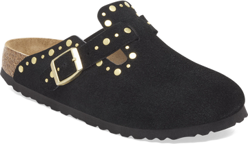 Quarter turn view Women's Birkenstock Footwear style name Boston Rivet Suede Narrow in color Black. Sku: 1030491