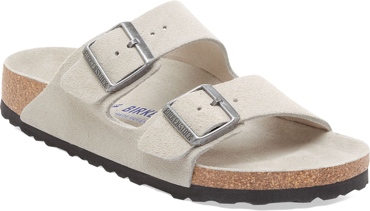 Quarter turn view Women's Birkenstock Footwear style name Arizona Soft Footbed Suede Narrow in color Oyster. Sku: 1030850