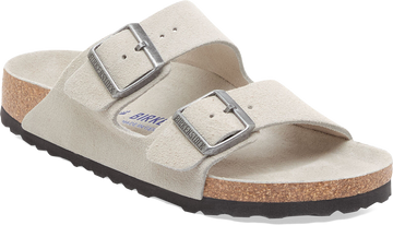 Quarter turn view Women's Birkenstock Footwear style name Arizona Soft Footbed Suede Narrow in color Oyster. Sku: 1030850