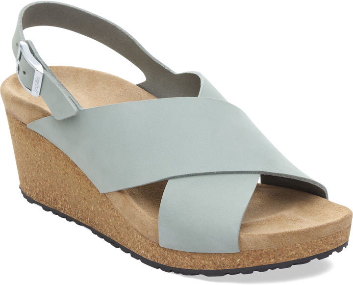 Quarter turn view Women's Birkenstock Footwear style name Samira Nubuck Narrow in color Pure Sage. Sku: 1031214