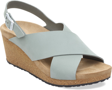 Quarter turn view Women's Birkenstock Footwear style name Samira Nubuck Narrow in color Pure Sage. Sku: 1031214