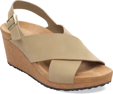 Quarter turn view Women's Birkenstock Footwear style name Samira Nubuck Narrow in color Oswego Canvas. Sku: 1031232