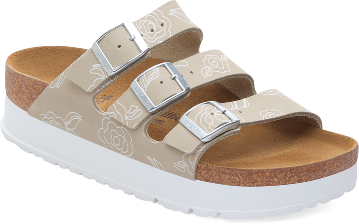 Quarter turn view Women's Birkenstock Footwear style name Florida III Flex Plat Nubuck Narrow in color Flower Oyster. Sku: 1031252