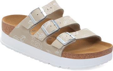 Quarter turn view Women's Birkenstock Footwear style name Florida III Flex Plat Nubuck Narrow in color Flower Oyster. Sku: 1031252