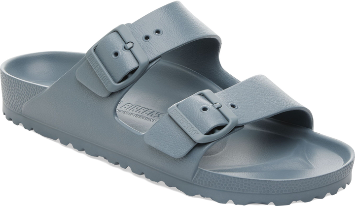 Quarter turn view Men's Birkenstock Footwear style name Arizona Eva in color Basalt Gray Suede. Sku: 1031295