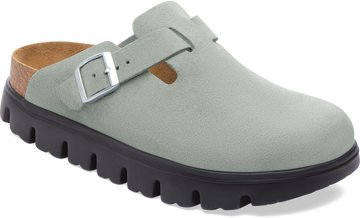 Quarter turn view Women's Birkenstock Footwear style name Boston Chunky Suede Narrow in color Pure Sage. Sku: 1031409