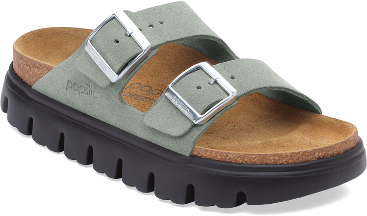 Quarter turn view Women's Birkenstock Footwear style name Arizona Chunky Suede Narrow in color Pure Sage. Sku: 1031451